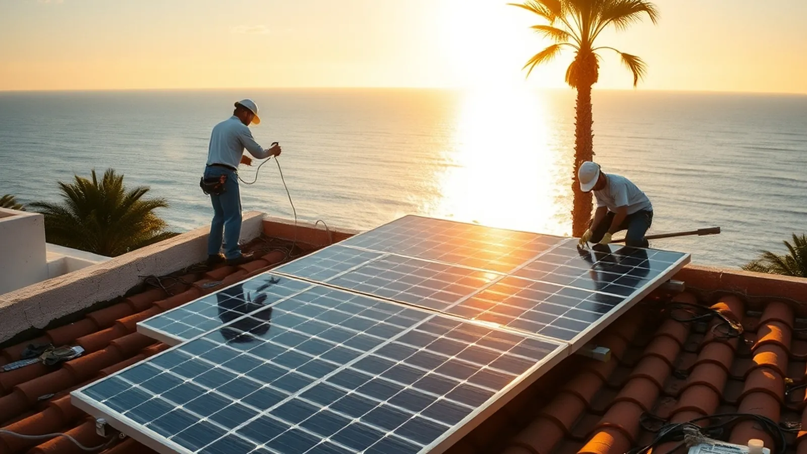 Vista aérea de villa mediterránea con placas solares sobre tejado de teja en la Costa del Sol al atardecer