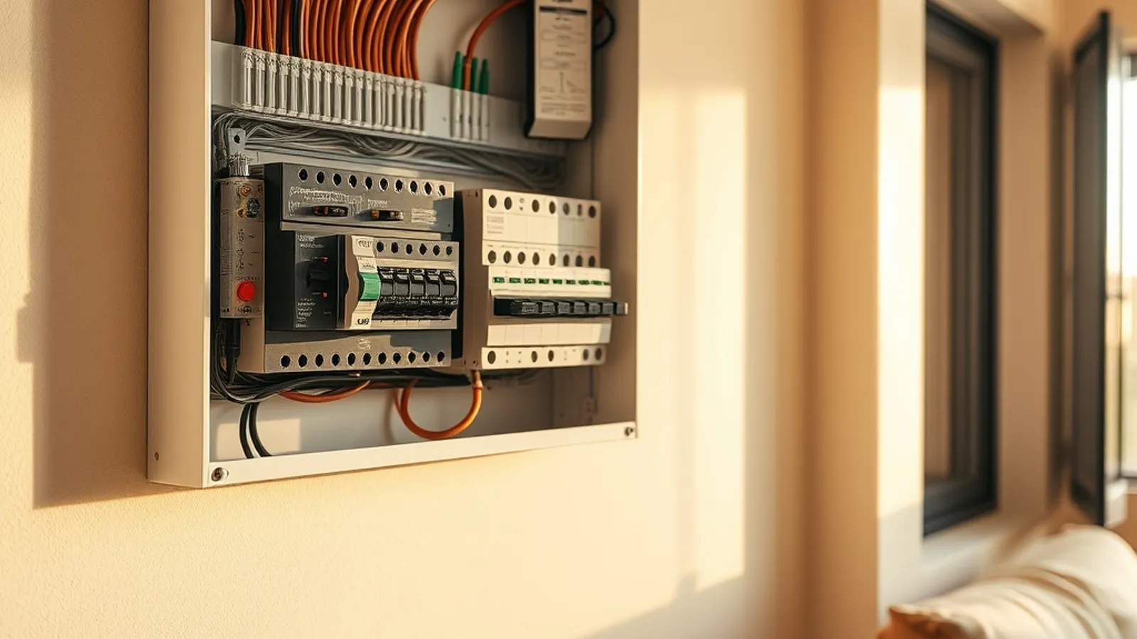 Cuadro eléctrico de vivienda abierto con protecciones modernas y un interruptor dedicado para la instalación solar