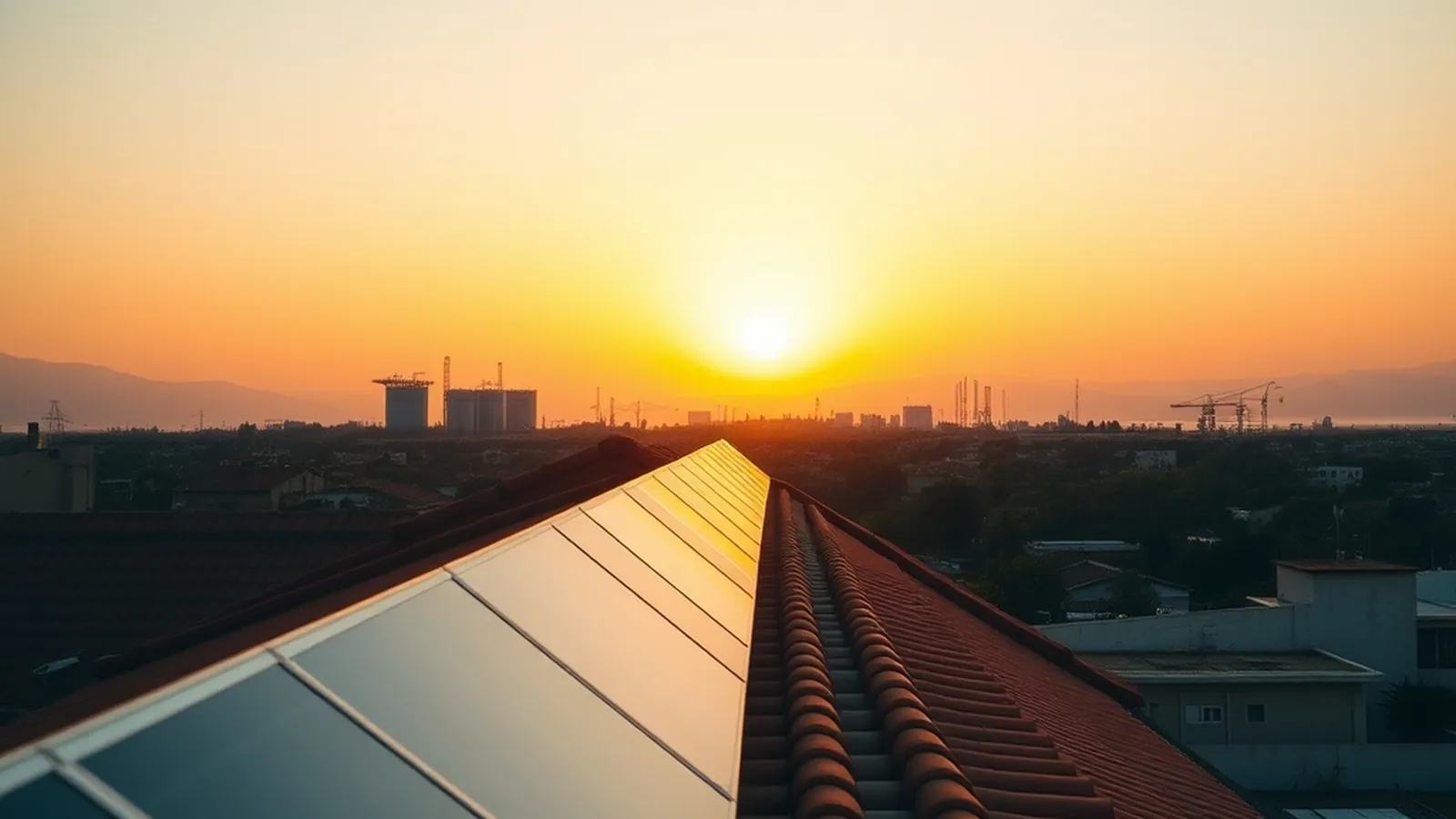 Paneles solares sobre tejado de terracota en la Costa del Sol al atardecer, con silueta industrial petrolera en el horizonte