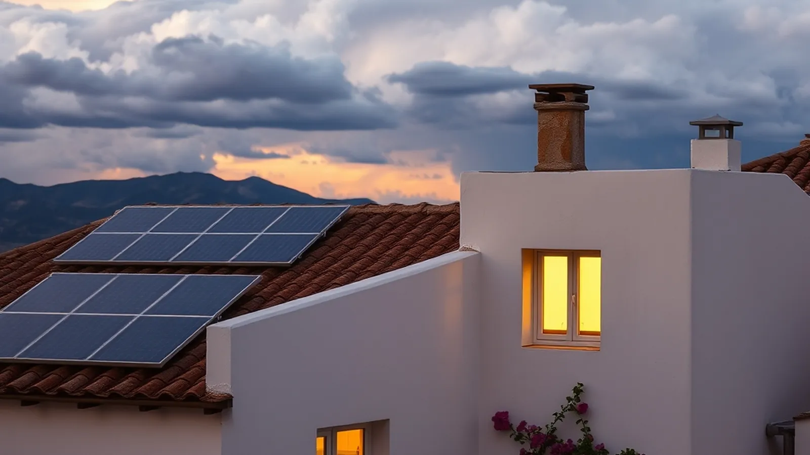 Casa blanca en la Costa del Sol al atardecer con paneles solares en el tejado y ventana iluminada