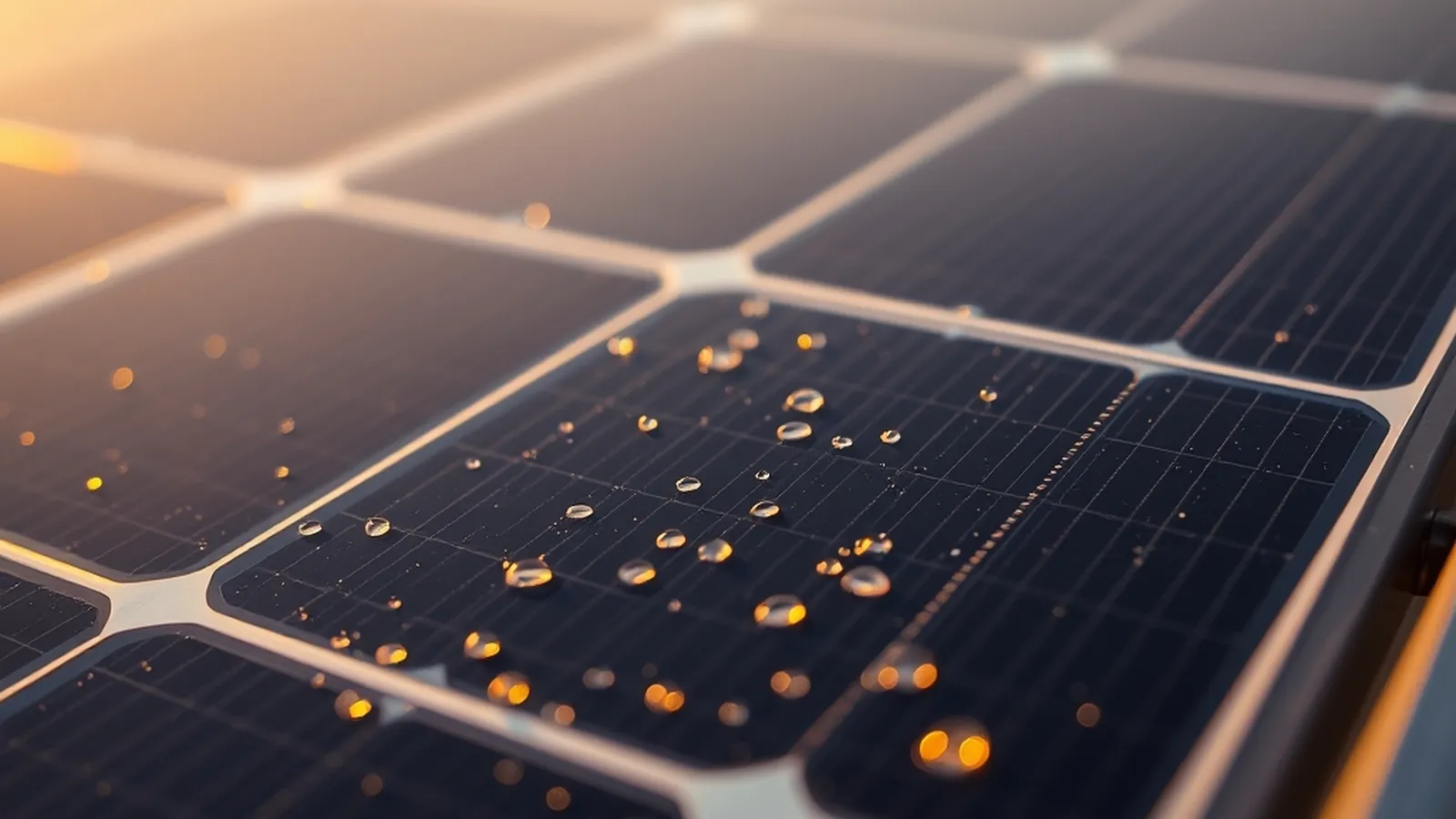 Macro de celda de panel solar monocristalino con gotas de rocío al amanecer, patrón geométrico de celdas de silicio visible reflejando luz dorada mediterránea — detalle de calidad técnica que distingue a un panel Tier 1 de uno white-label