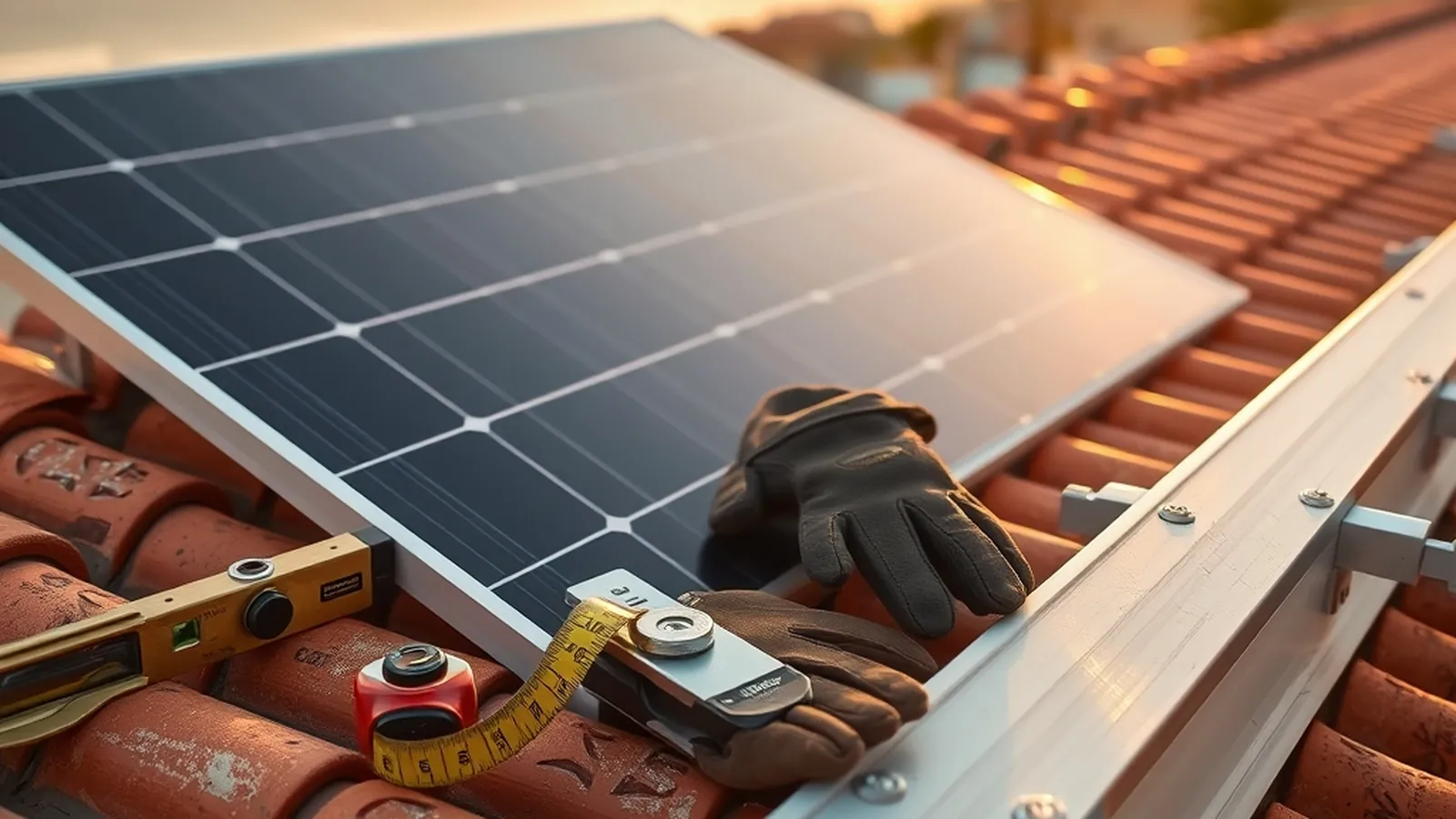 Herramientas profesionales de instalador solar (nivel de burbuja, cinta métrica, soportes de aluminio anodizado, guantes de cuero) sobre tejado andaluz de teja terracota con panel solar parcialmente instalado en el extremo del encuadre, costa de Málaga al fondo, luz dorada mediterránea