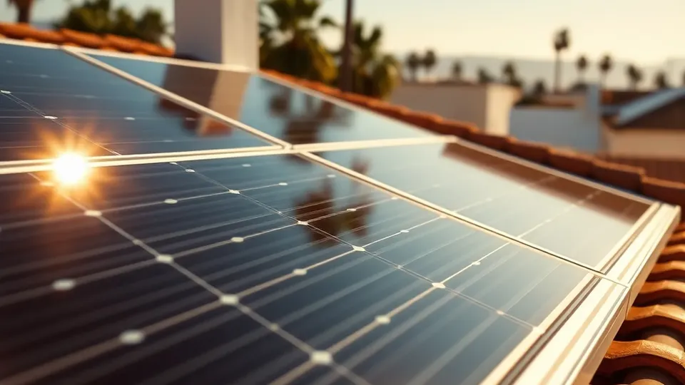 Paneles solares sobre tejado mediterráneo de tejas terracota en Costa del Sol al atardecer, palmeras al fondo