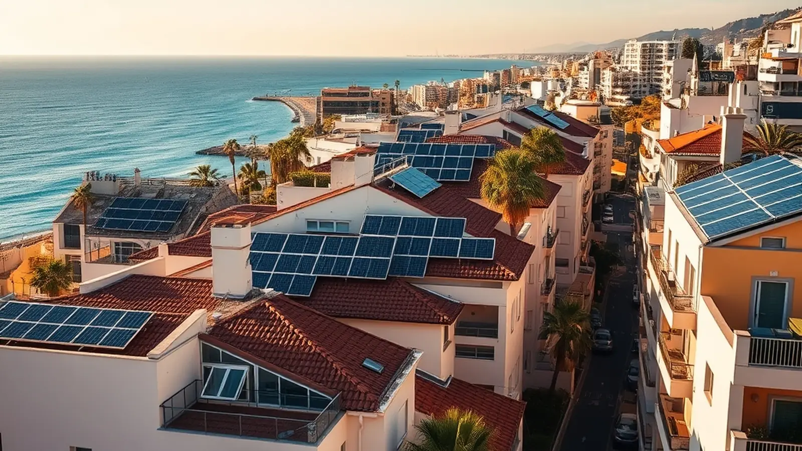 Vista aérea de edificios residenciales con paneles solares en tejados de Fuengirola frente al mar Mediterráneo