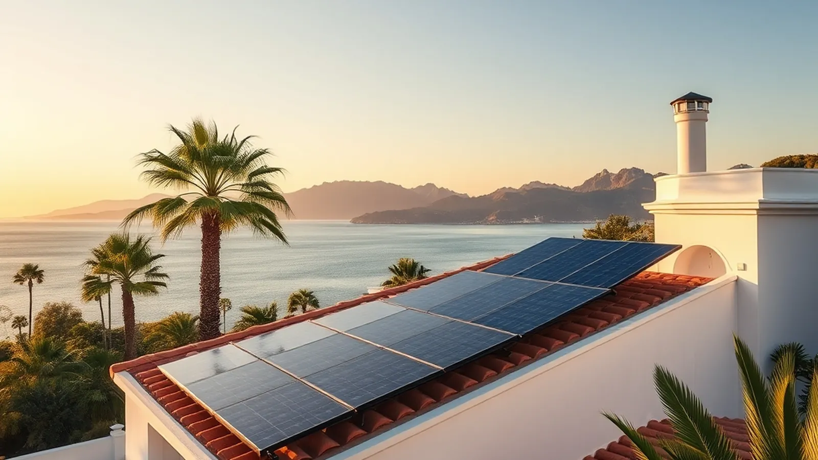 Villa blanca mediterránea con paneles solares sobre tejado de teja terracotta con vista al mar y Sierra Blanca