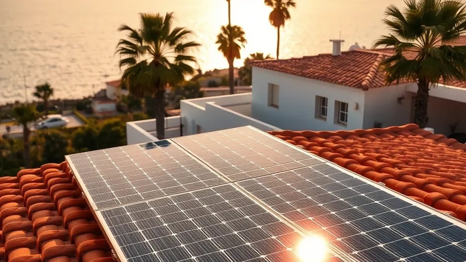 Array fotovoltaico monocristalino dominando primer plano sobre tejado de tejas terracotta, villa mediterránea con vista al mar y palmeras al fondo, Costa del Sol al atardecer