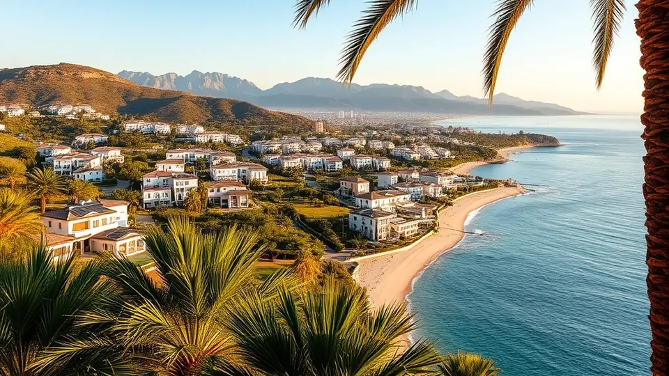 Villa moderna con paneles solares en tejado mirando al Mediterráneo, golden hour de mañana