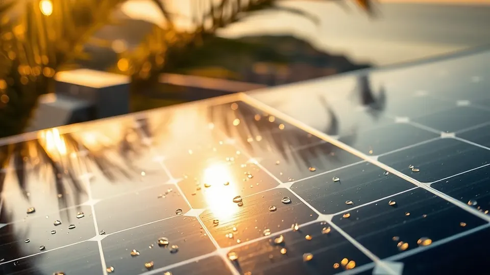 Macro close-up panel monocristalino — silicon cell grid backlit golden hour sobre rooftop Costa del Sol