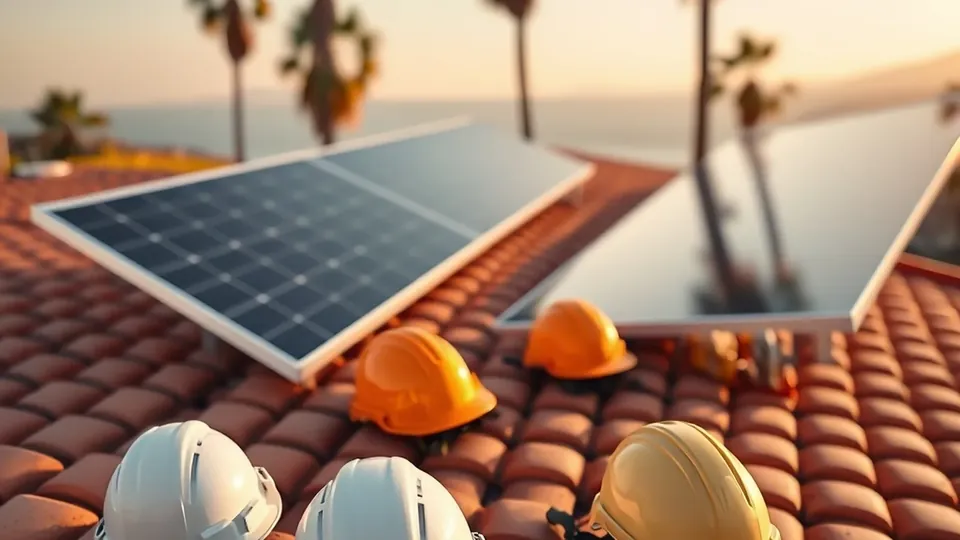 Cascos de seguridad y cinturones de herramientas sobre tejado terracotta junto a paneles solares instalados, Costa del Sol