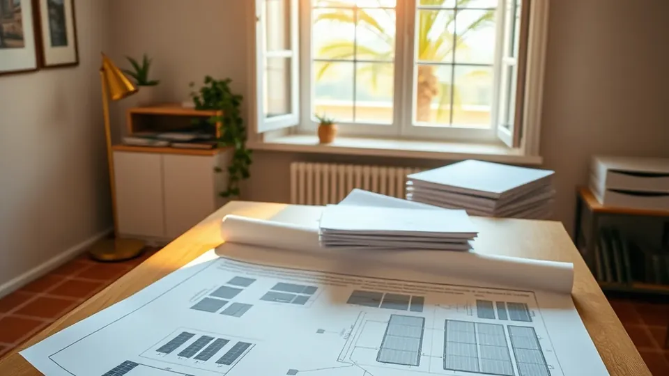 Editorial flat lay con documentos oficiales, calculator y pluma sobre escritorio cream con luz golden hour